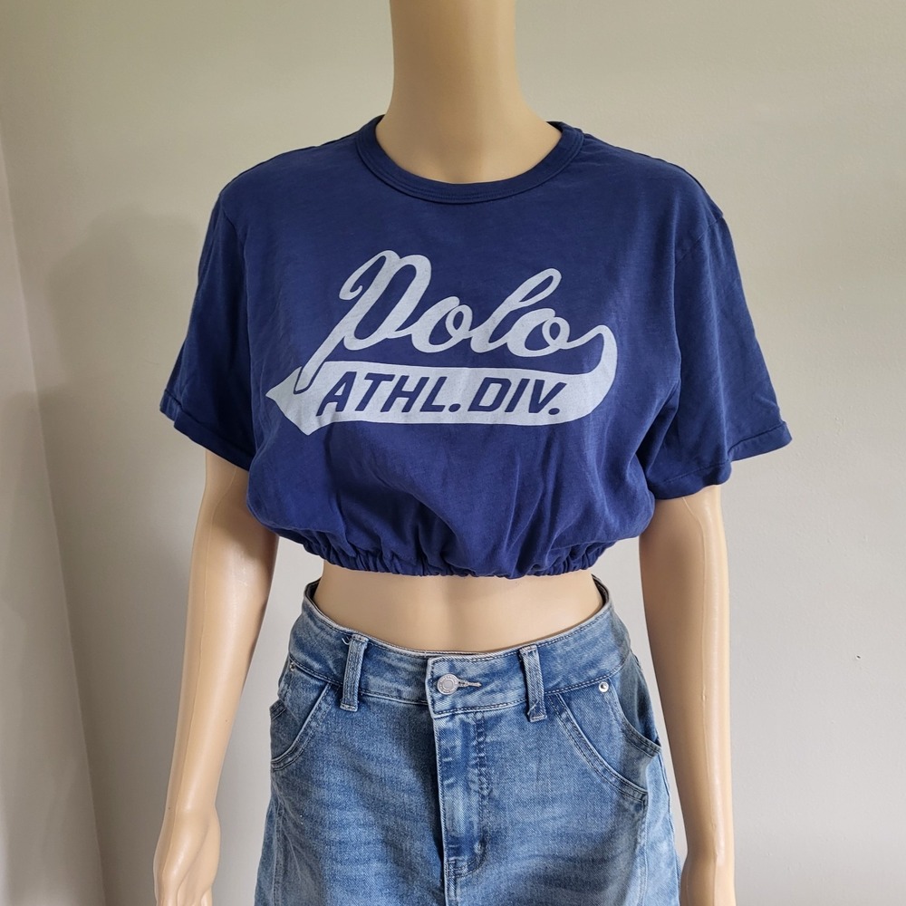 Upcycled Cropped Ralph Lauren Polo Graphic T-Shirt Size M OOAK Elastic Waist - Picture 2 of 9